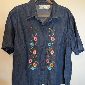 Blue Denim Shirt with Colorful Embroidery